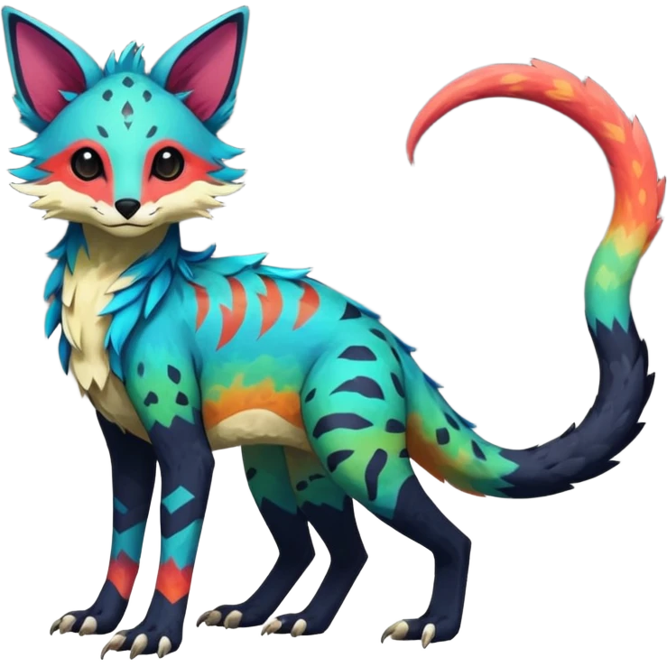 Rare realistic exotic edgy epic pretty beautiful handsome gorgeous aesthetic colorful vibrant Vernid-Trico-species-Fakemon-creature by LiLaiRa, 4 legs, 1 tail, random markings, (full body) emoji