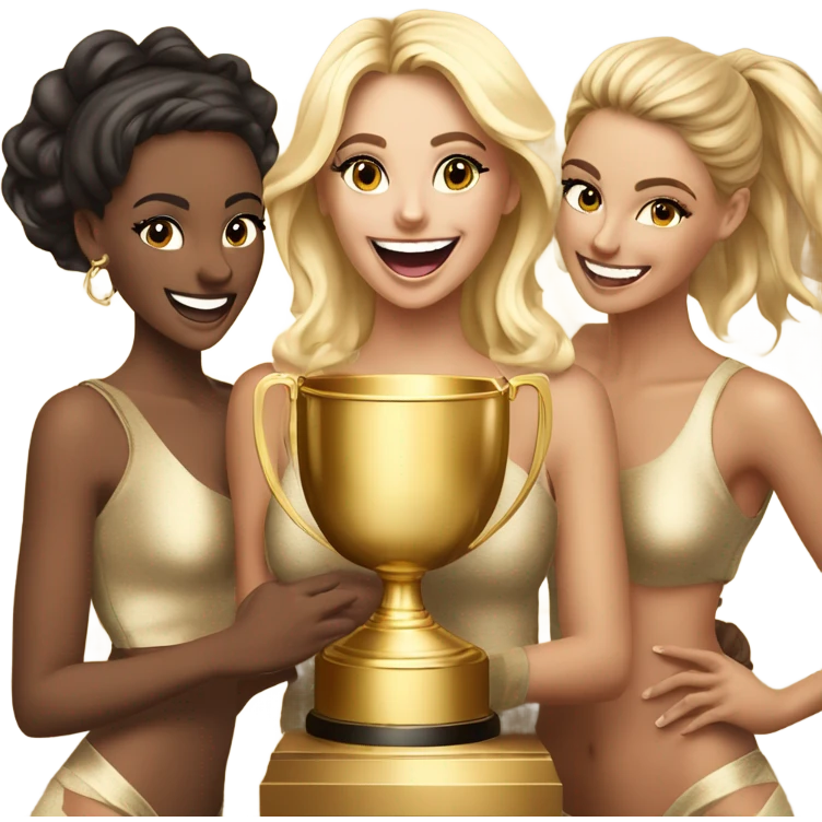 Six beautiful and stylish blonde and Latina models celebrating with 1 huge gold trophy emoji