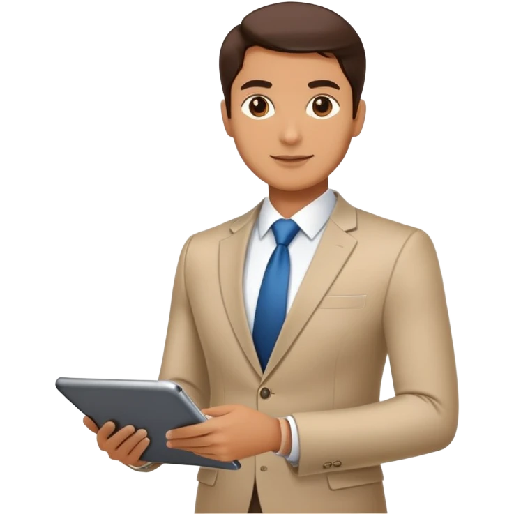 business executive confidently, holding a digital tablet or folder. The character wears smart business attire emoji