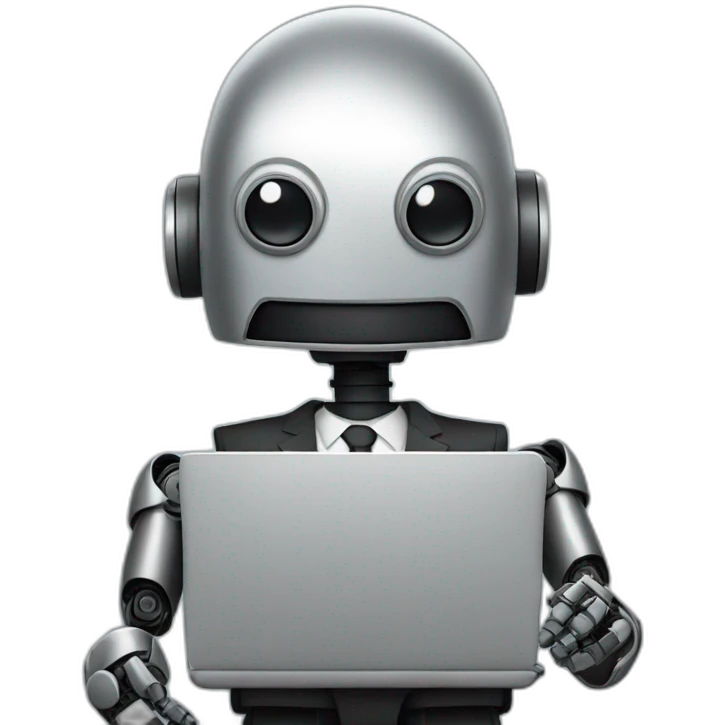robot in a suit with head tilted using a laptop emoji