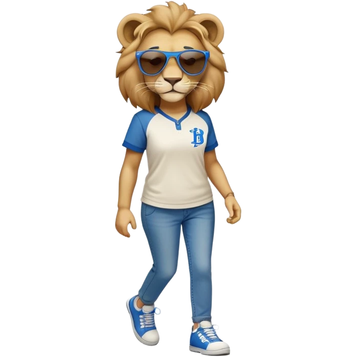 confident anthropomorphised female lion wearing a baseball shirt, jeans, trainers, dark sunglasses, walking upright, looking self-assured emoji