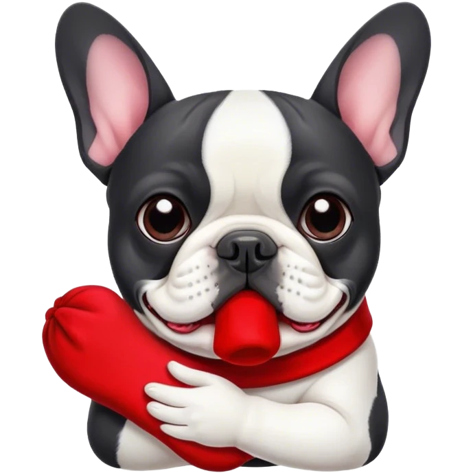 Black and white frenchie eating a red sock  emoji