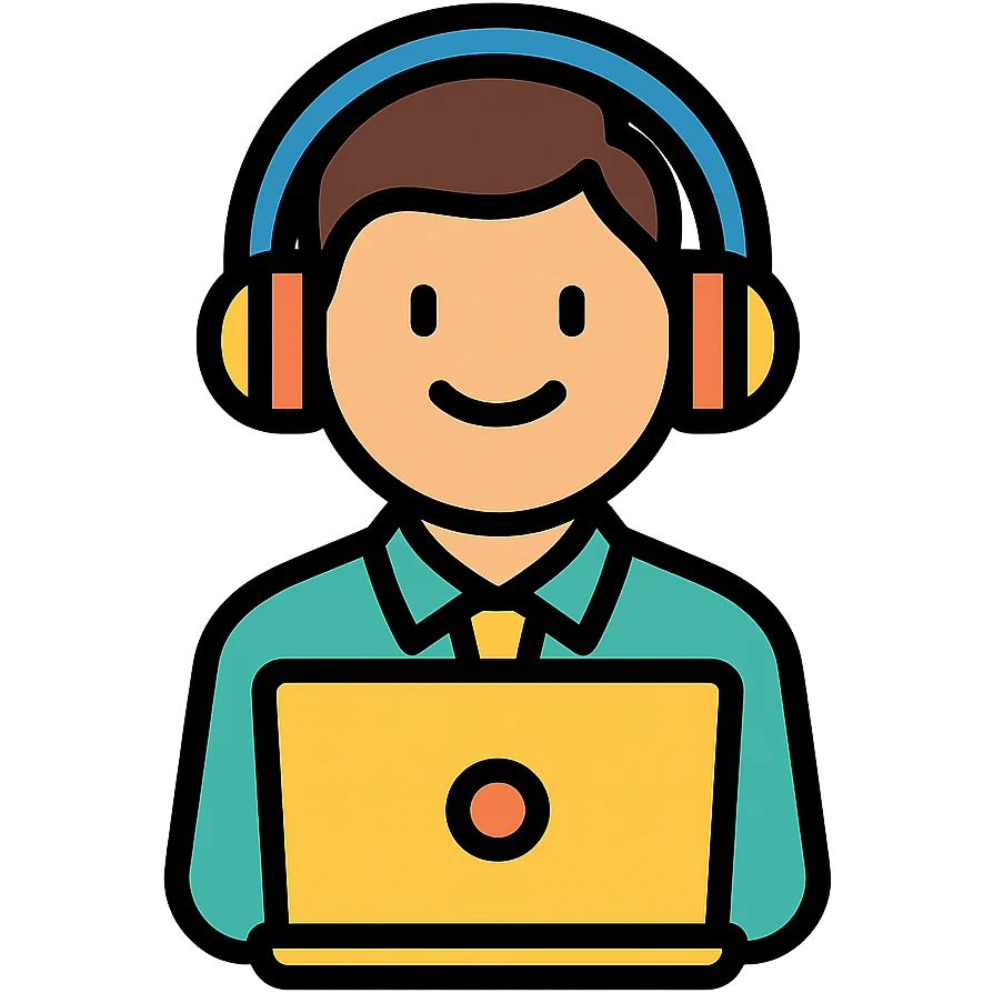 professional programmer, looking confident and happy, with headphones and a cheerful expression, color outline icon style emoji