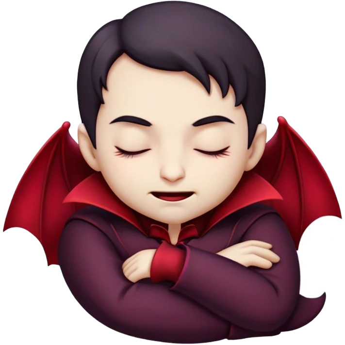 Meme-Worthy Cute Sleeping Vampire Portrait Emoji, with a refined, small, pale face softened by closed, serene eyes and a slight, peaceful smile, adorned in miniature elegant dark attire with a hint of fading crimson, simplified yet irresistibly adorable, highly detailed with a soft ethereal outline that captures the drowsy charm of a vampire in quiet nighttime slumber! emoji