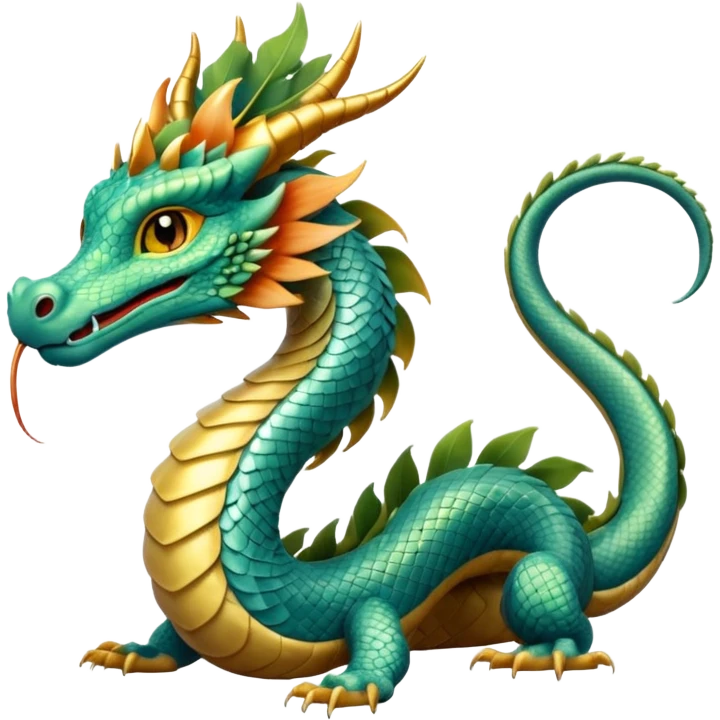  serpent dragon. Slim, serpentine body with smooth scales in soft blues and greens. Fluffy leaf plumes replace the tail fins, and a terracotta crown-like crest adorns its head. Gentle amber eyes. it should be similar to traditional chinese dragons. no legs. snake-like body. emoji