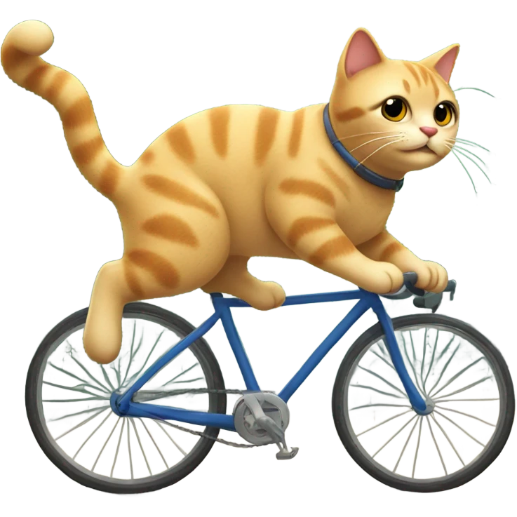 Cat riding a bicycle. The bicycle is jumping uppon a stone.  emoji