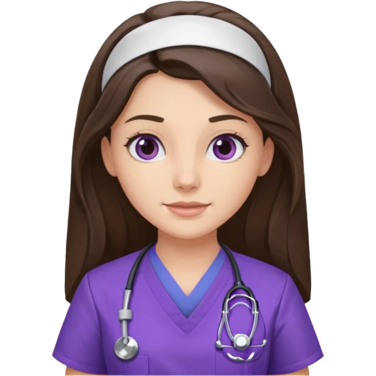 pretty brunette nurse with long hair in purple scrubs emoji