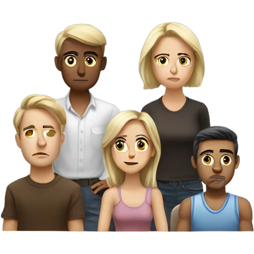 6 Caucasian people sitting around a table looking unhappy emoji