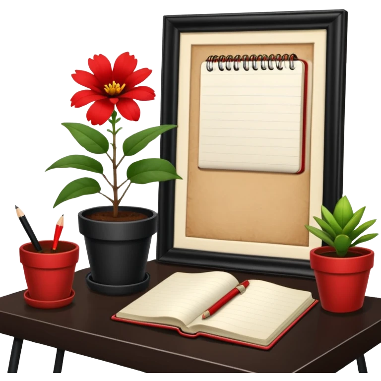 Cartel en español que diga F U E R A    D E    O F I C I N A y detrás un escritorio moderno, con una notebook, una agenda y una planta con una flor emoji