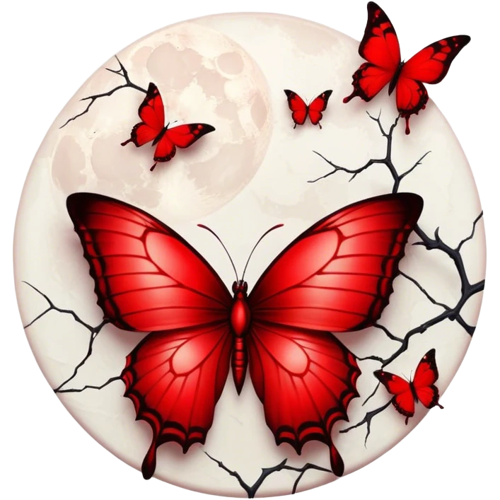  Blood red moon, crimson butterflies with cracked porcelain red wings in gothic style emoji