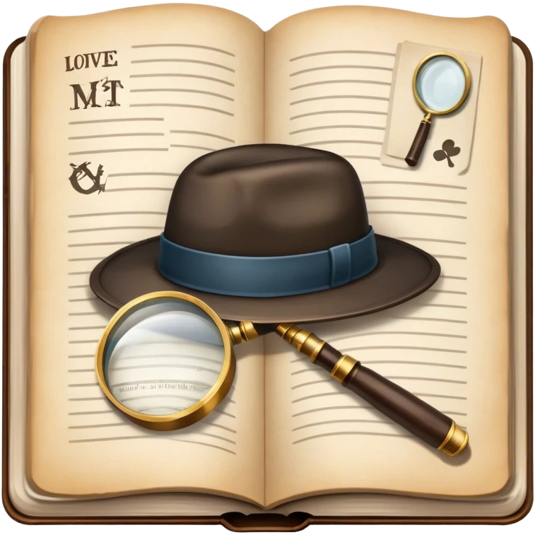Icon for Detective Reading: an open book with text and a magnifying glass, a detective’s hat and a notebook with clues, surrounded by dark shadows and mysterious elements like footprints. Transparent background. emoji