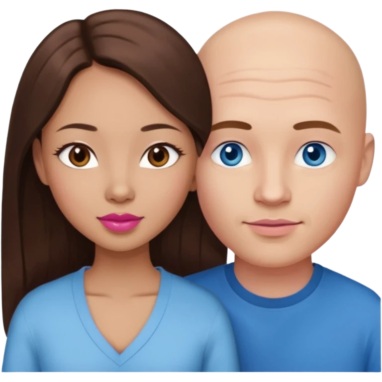 Bald white man blue eyes in love with Filipina woman with long hair dark brown eyes and pink lips emoji