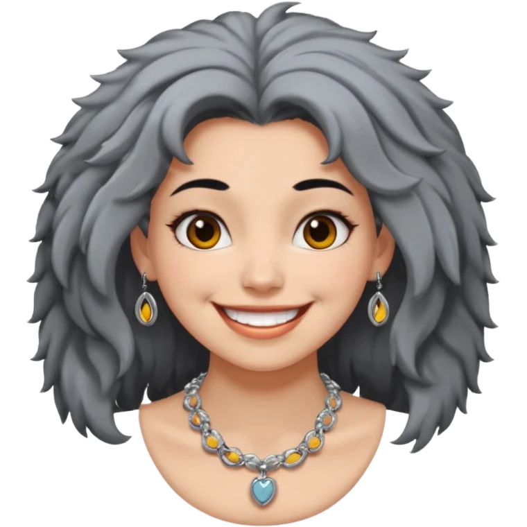 Female with very big Silver Necklace, grey skin,Black full fuzzy hair, more bright silver,highlight necklace, different expressions. emoji