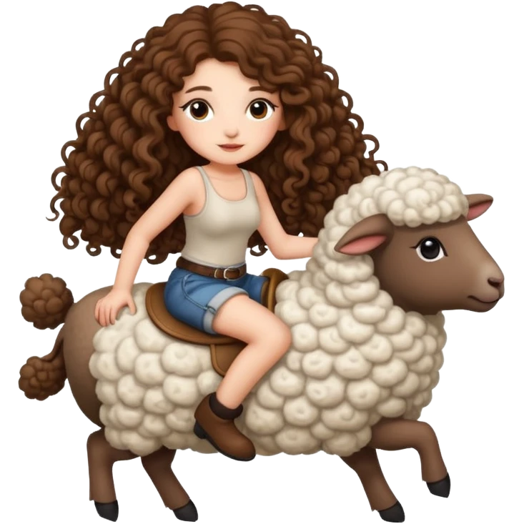cute woman long curly brown hair tattoos riding fluffy sheep emoji