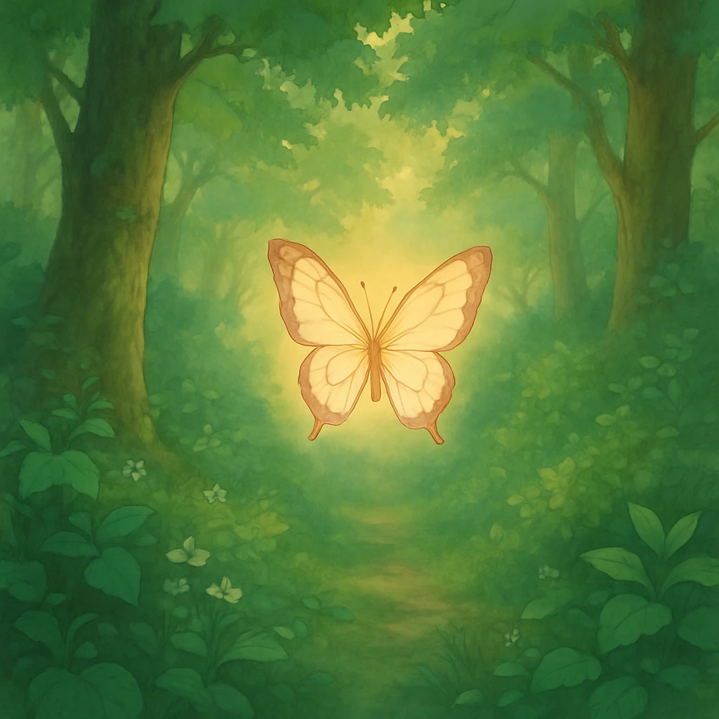 ghibli style butterfly in a lush forest, soft colors, magical atmosphere emoji