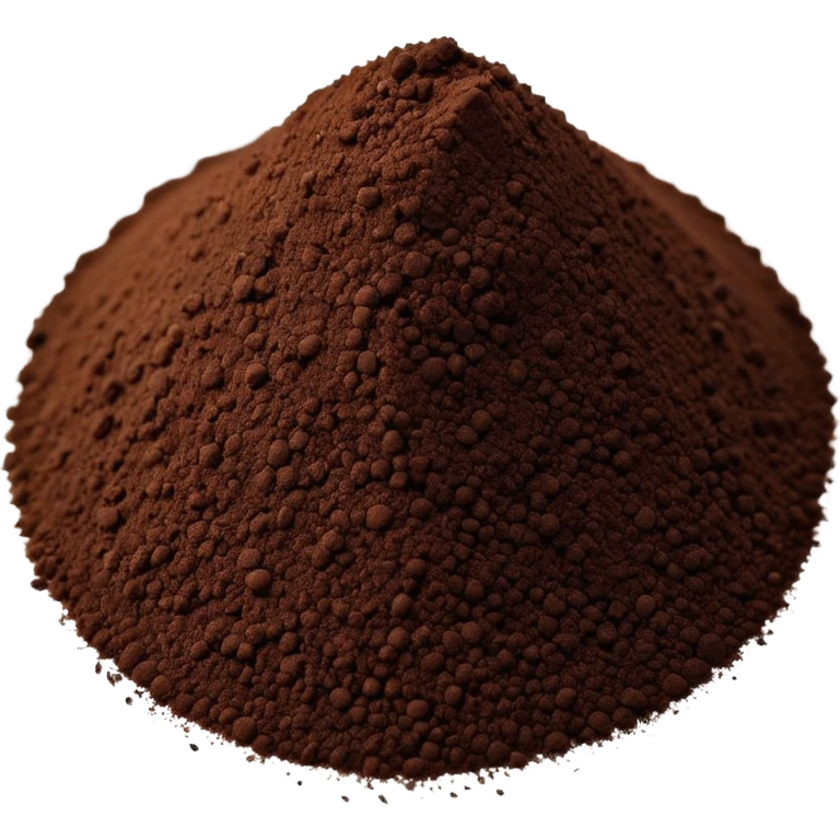 small mound or loose scatter of fine, dark brown to nearly black vanilla powder with a soft, matte texture, tiny granules evenly spread, rich aromatic quality, soft lighting, subtle shadows, emoji scale emoji