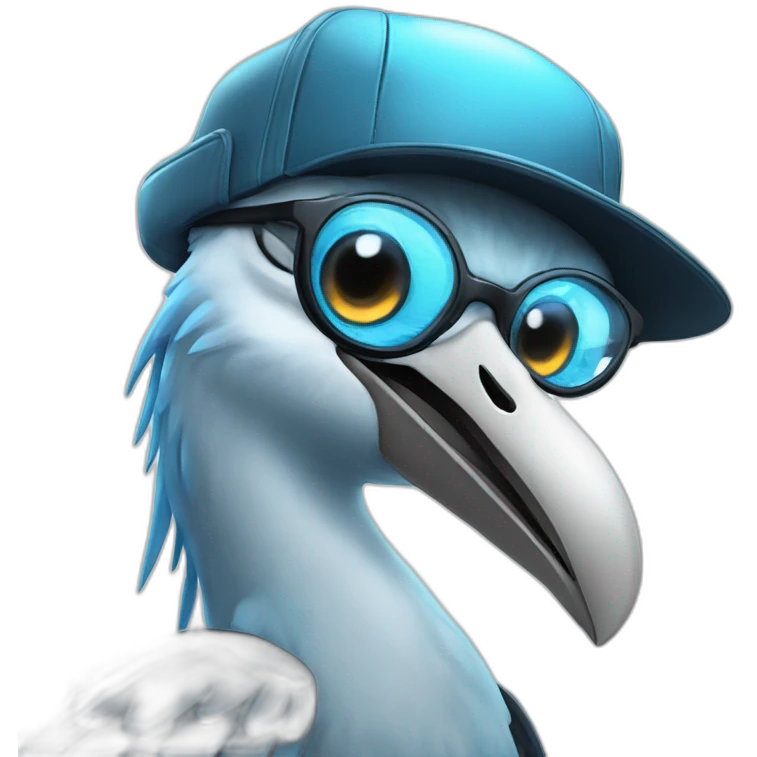Crazy funny Cyberpunk Articuno head with beautiful smile wearing glasses and hat emoji
