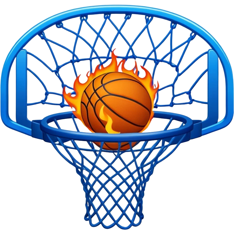 Blue basketball with flames effect passing through net, dramatic sports moment, iOS emoji style emoji