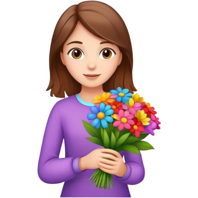 brown-haired girl holding a colorful bouquet of flowers emoji