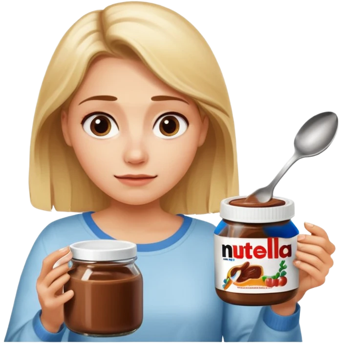 Nutella with a spoon. The glas of Nutella is almost empty . Only the one carriage of Nutella. Next to the Nutella is the head of a blond woman who is looking forward to eat the Nutella  emoji