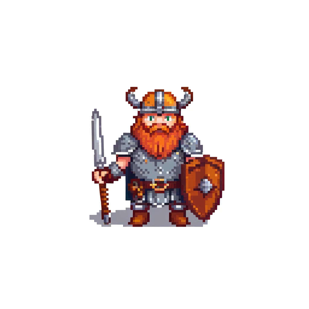 pixel art ginger viking with red beard and armor, running animation frame 4, pushing off ground emoji