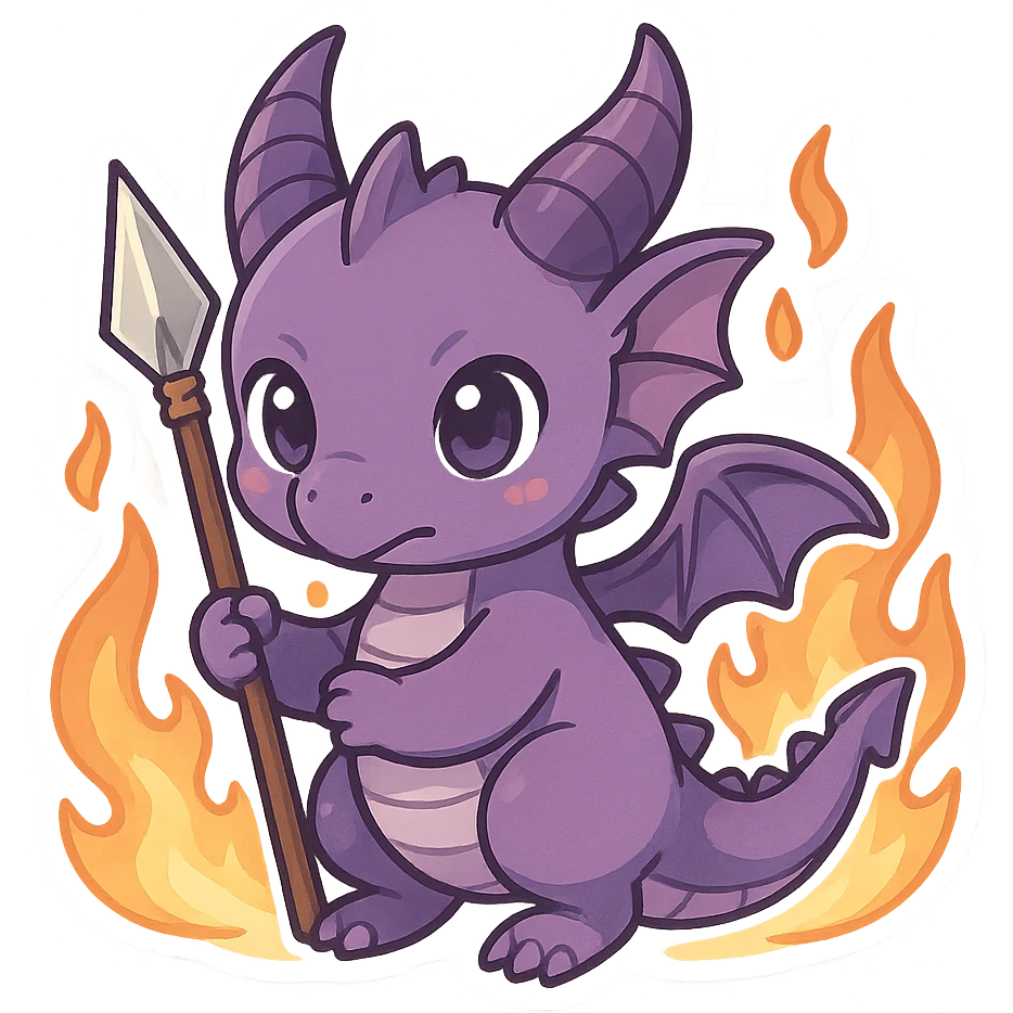 purple dragon in chibi anime style, holding a spear, surrounded by flames, cute, big eyes, small body emoji