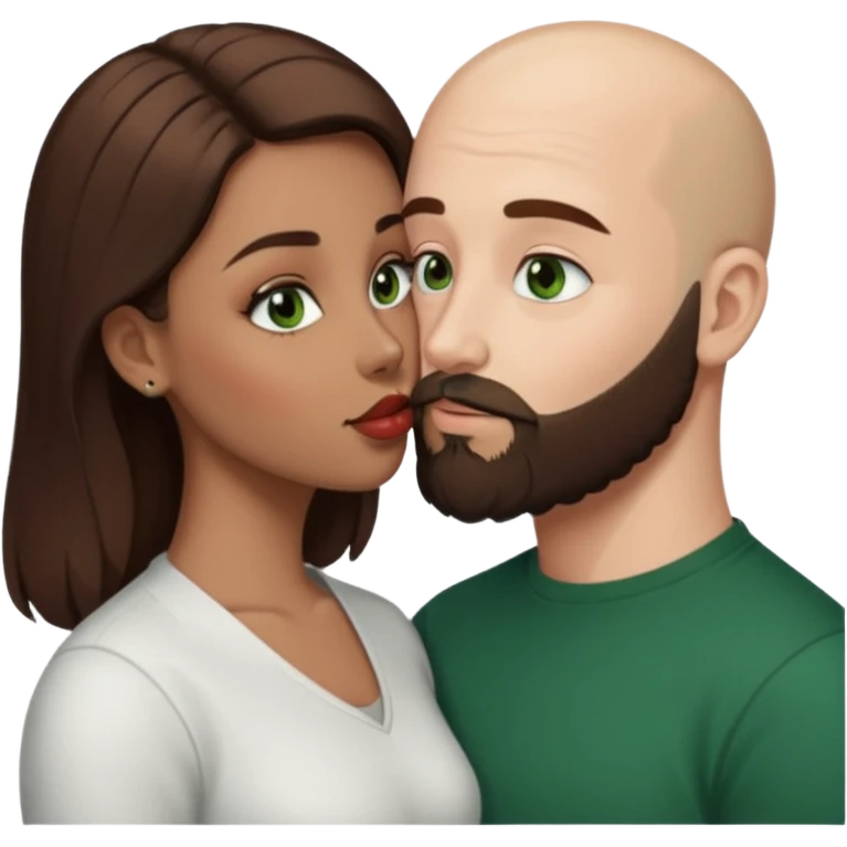 Man beard bald white dark green eyes, woman medium hair brown brown eyed latina kissing emoji
