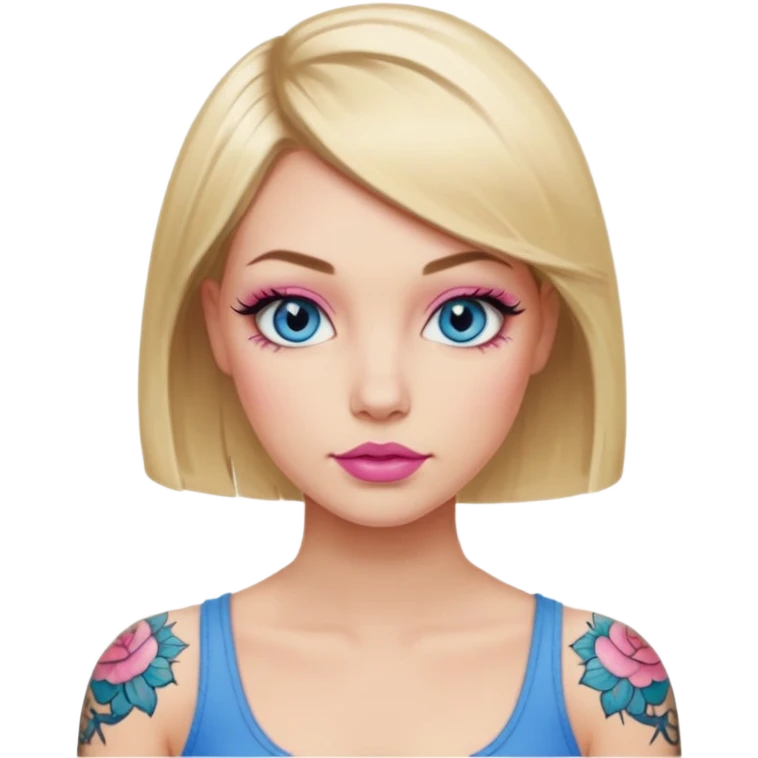 Woman, Blonde hair Medium blunt bob, blue eyes with doe lashes, pink lips, tattoo on arms emoji