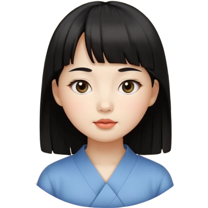 Clean Korean illustration-style emoji portrait of a young Korean woman, front-facing.
Smooth porcelain skin, soft shading, large round eyes, calm neutral expression.
Straight black bangs, black hair tied back, small nose and lips.
Round oval face, soft jawline.

 emoji