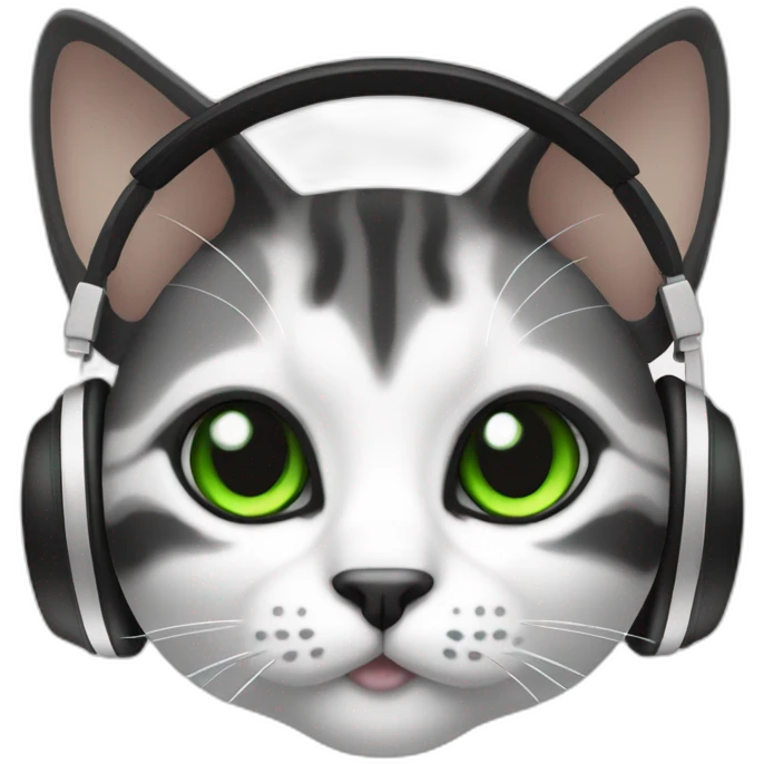 cat black and white, green eyes and white headset emoji