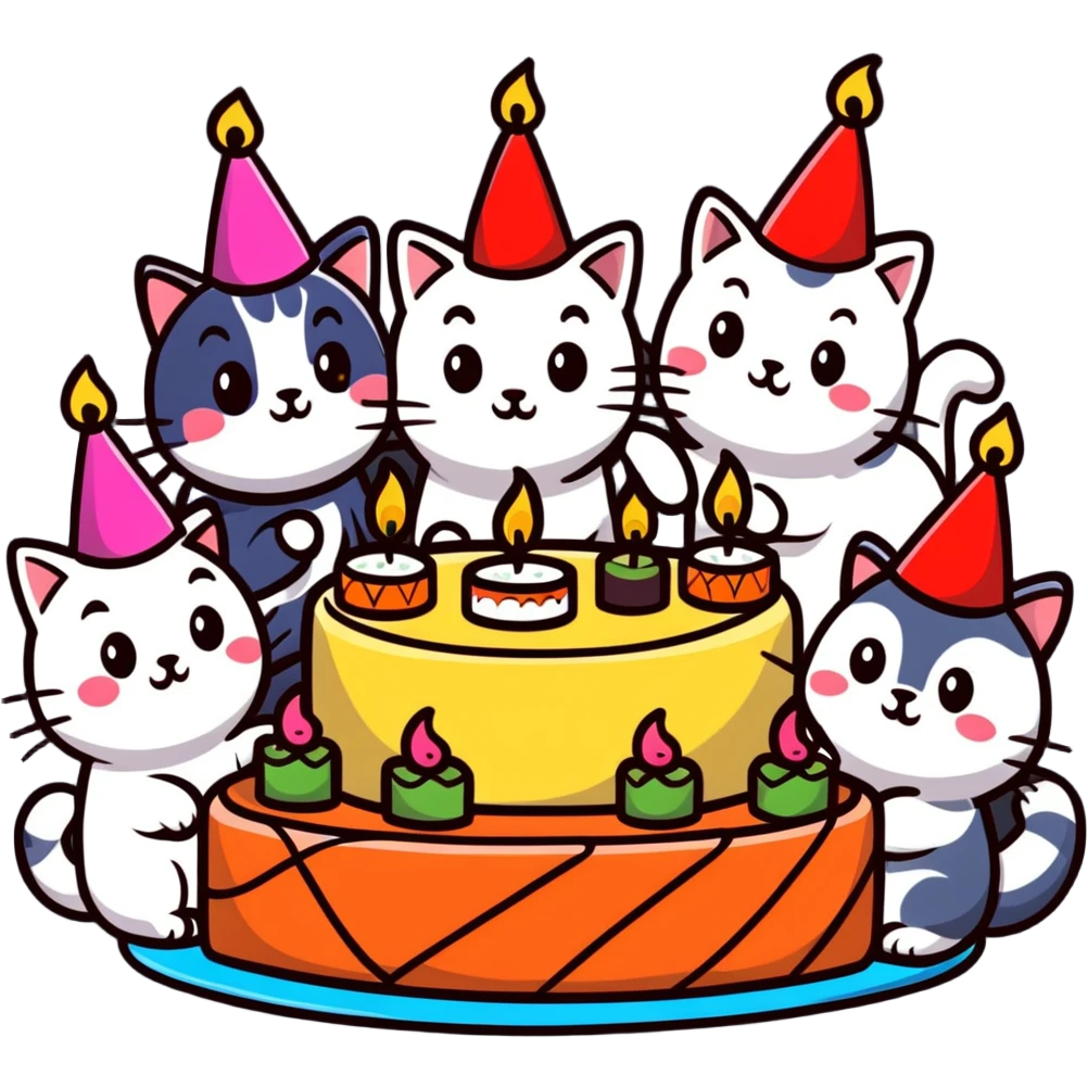 six happy cats wearing colorful party hats celebrating a birthday party around a festive cake made entirely of sushi with candles emoji