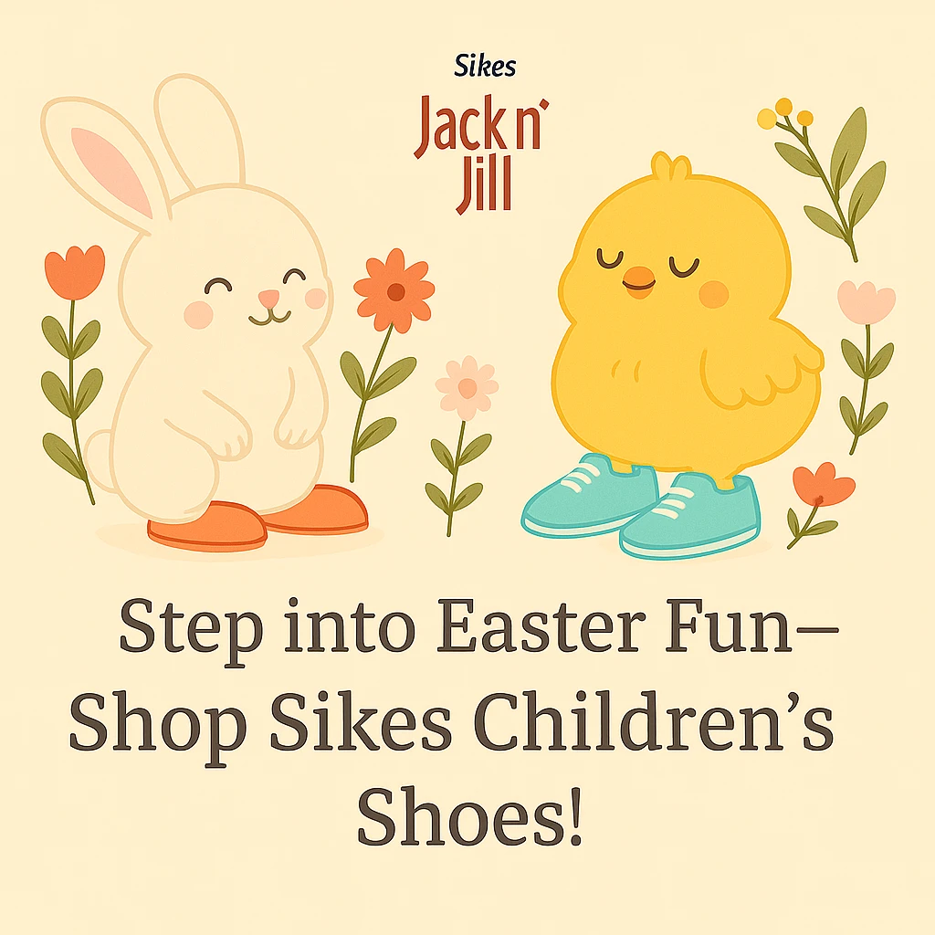 Make the Sikes Children's Shoes logo even smaller so it is subtle and not dominant. Keep the pastel background, bunny and chick with shoes, floral accents, and the headline: 'Step into Easter Fun—Shop Sikes Children’s Shoes!'. Logo should remain in the same position, just smaller than before. emoji