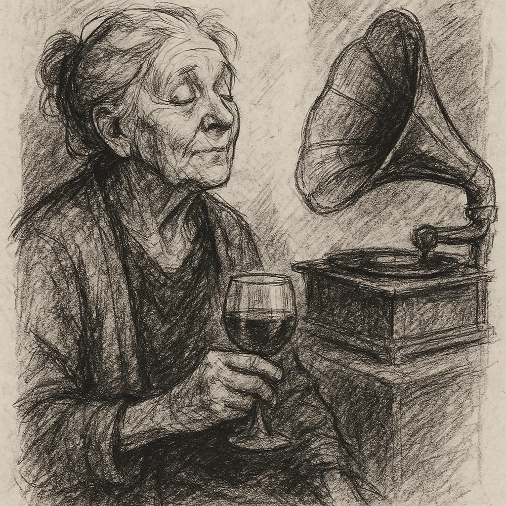 old lady with wineglass listening to gramophone emoji