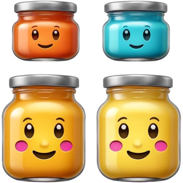 two small glass jars with metal lids filled with colorful purée no label or extras soft lighting subtle shadows emoji scale emoji
