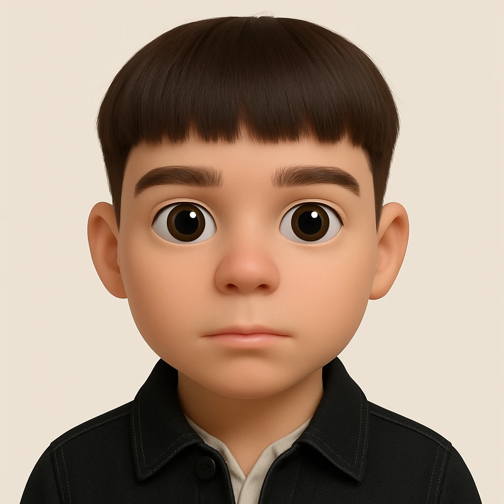 Create a realistic 3D emoji based on the provided photo. The emoji should have relatively large eyes, retain facial details, and be free of pimples and mustache. The emoji should be wearing a black denim jacket. Maintain a 3D emoji style look while ensuring the details and characteristics described. emoji
