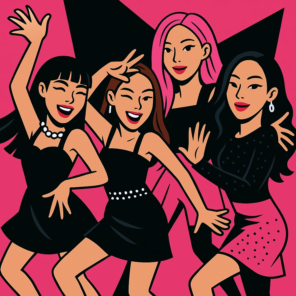 Make the Blackpink group pose even more dynamic, with energetic dance moves and expressive gestures, vibrant toon style emoji