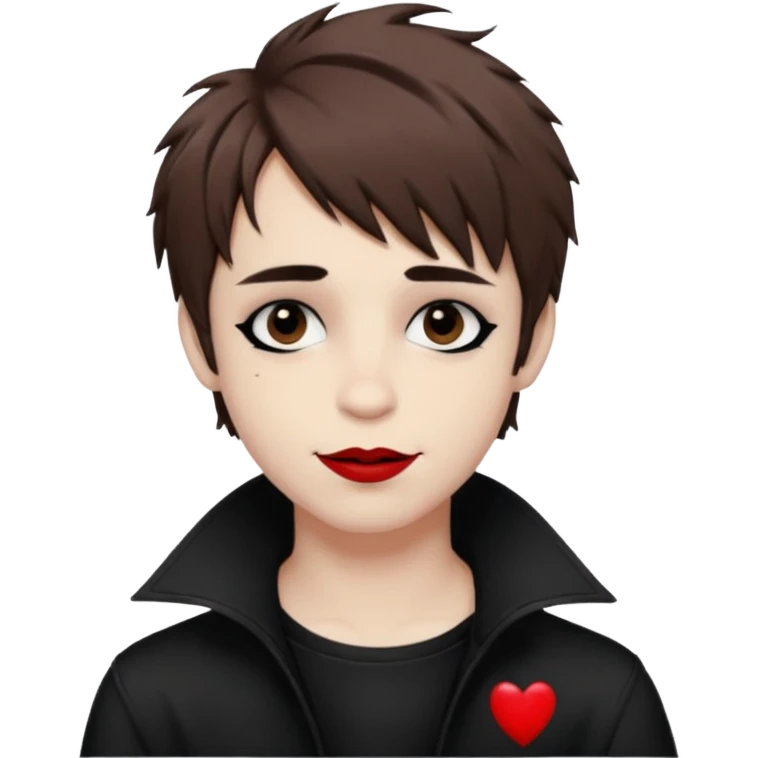 Happy pale Goth boy with shaggy brown hair, and messy black eyeliner , smudged, red, lipstick  emoji