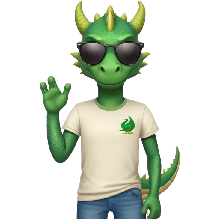 friendly anthropomorphised green dragon in a sports t-shirt and jeans with dark sunglasses, relaxed pose emoji