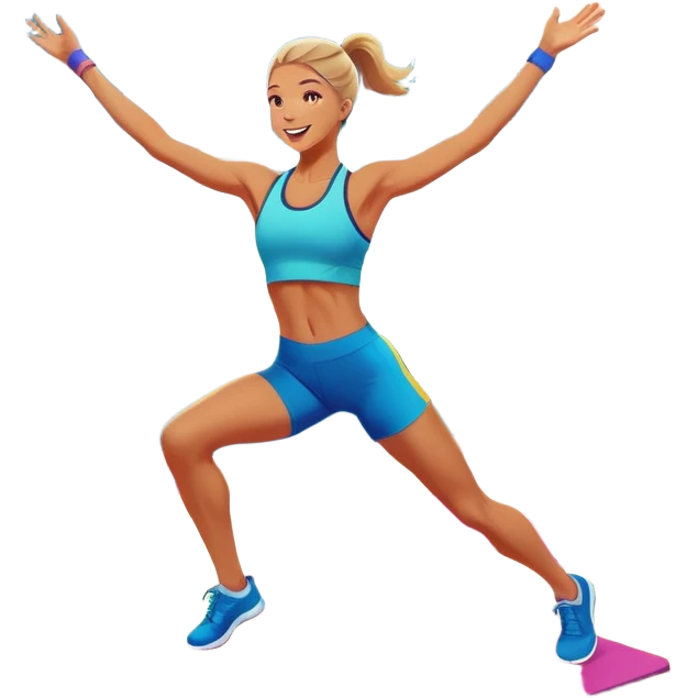 An energetic person performing an aerobics workout in a brightly lit gym, jumping and stretching with enthusiasm. The scene includes vibrant fitness equipment like dumbbells and exercise mats, with a background of cheerful, motivating colors, conveying energy and movement. emoji