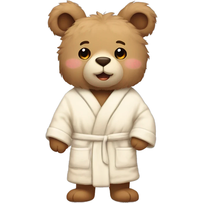 Fluffy light Brown stuffed animal bear wearing a cream bathrobe with bunny ears on it emoji