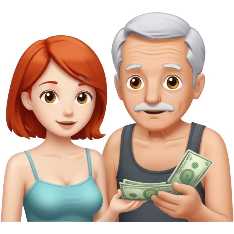 Kind elderly grandfather with gray hair giving money to a, pretty, tube top, red head young woman who needs financial help,  emoji