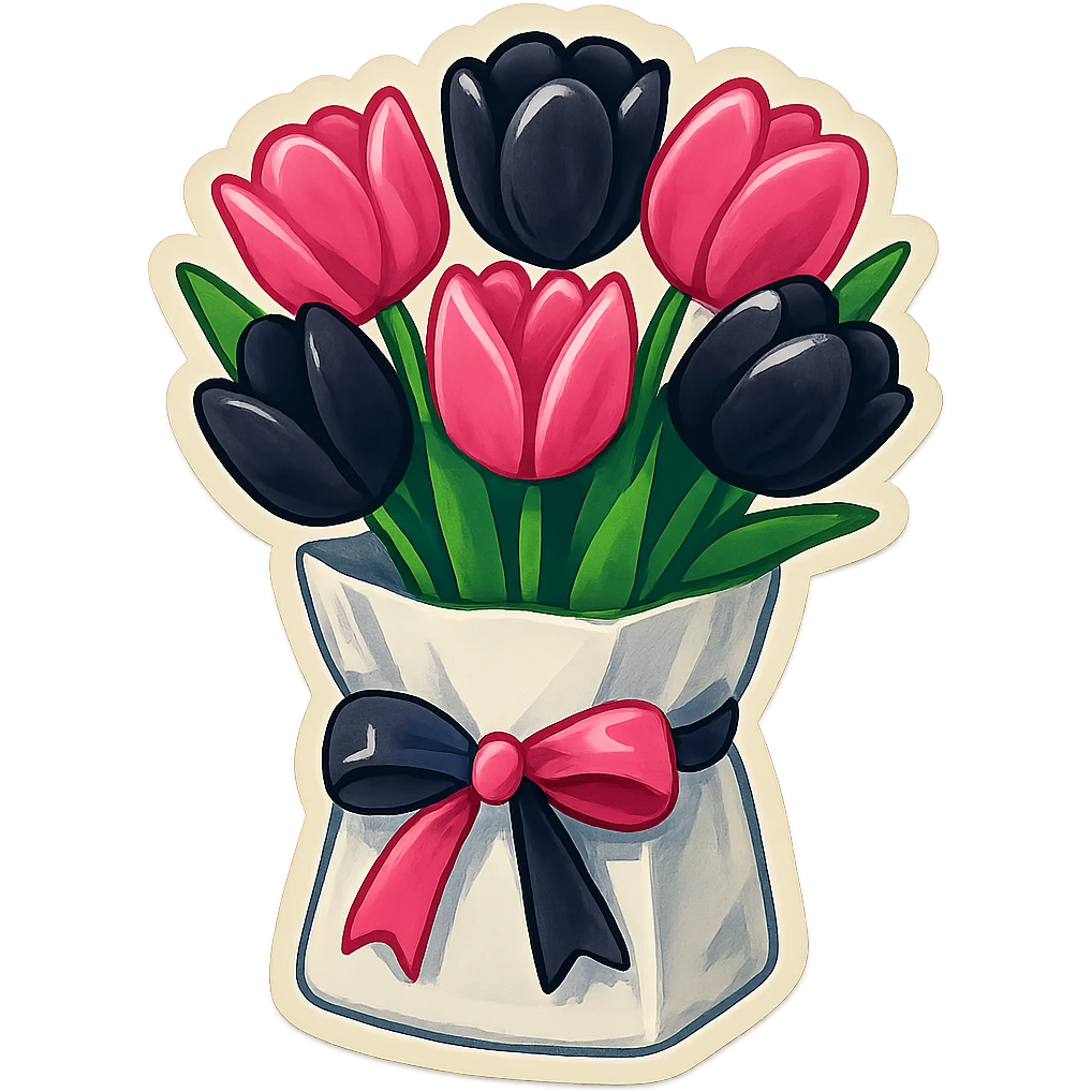 a white paper bag filled with black and pink tulips, tied with a blackpink ribbon, retro stickers style, vibrant, outlined, and fun sticker look emoji