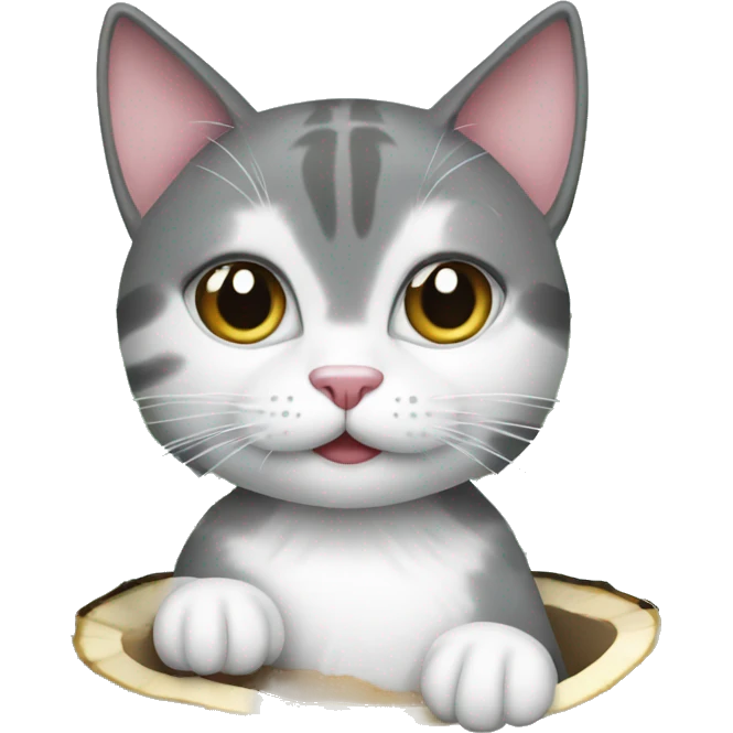 Grey and white cat in a coconut emoji