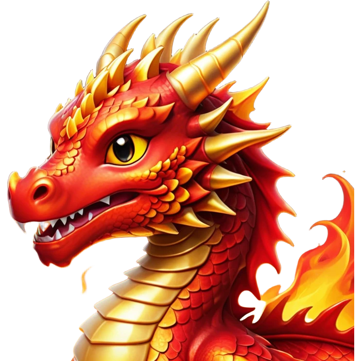 Cinematic Cute Fierce Fire Dragon Portrait Emoji, Head tilted playfully and inquisitively, showcasing a robust, flame-embellished form with intricately detailed scales in vibrant reds and glistening golds, accented by flickering ember highlights and a warm, inviting glow; rendered with lifelike detail and radiant natural light, high shine, spirited yet endearing, styled with a touch of blazing whimsy, soft glowing outline, capturing the essence of a mischievous yet charming inferno that seems ready to dance with playful fire! emoji