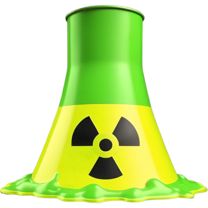 3D render of Nuclear Smokestack, toxic waste aesthetic, neon green bubbling liquid, caution yellow metal, industrial warning texture. emoji