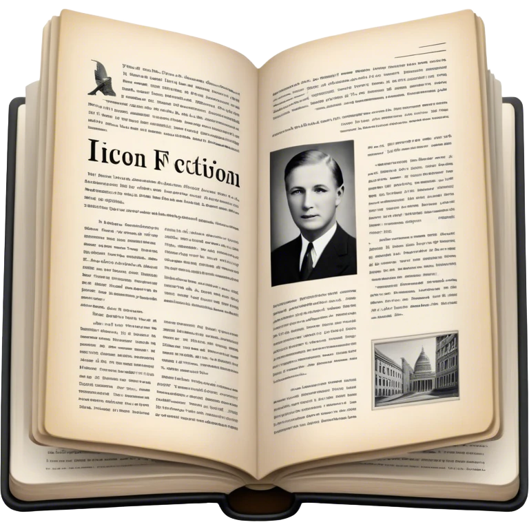 Icon for Non-Fiction & Narrative Reading: an open book with historical facts and narrative text on the pages, featuring black-and-white photos, news clippings, and an open folder with top-secret documents. Transparent background. emoji