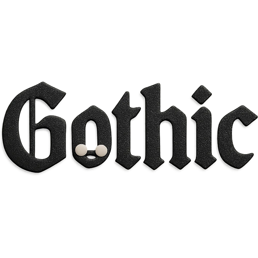 the word 'Gothic' in bold black serif font, kawaii style, no outline, 3D paper-craft effect emoji