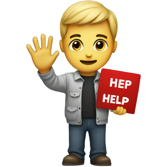Person holding sign saying help emoji