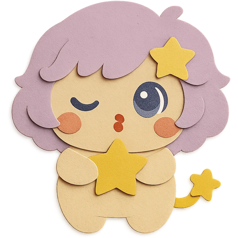 Make the eyes exactly the same in color, shape, and style as the reference image, with no differences. Make the blush on the cheeks exactly the same color as the reference image, and ensure the blush appears on both sides of the face. Keep the hair color, yellow star in hair, no moon, full body, paper craft style, blowing kiss pose with a wink, clean lines, and transparent background. Only adjust the eyes and blush to match the reference image exactly. emoji