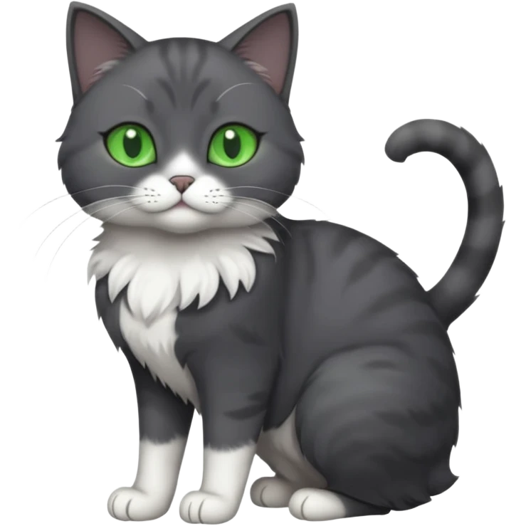full body view of beautiful female solid dark grey cat with green eyes, white toes/paws and white patch on her chest emoji